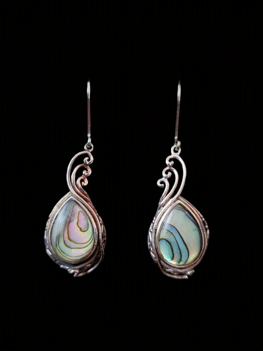 Vintage 90s Sterling Silver Abalone Filigree Thai Dangle Earrings 925 CPJ Boho